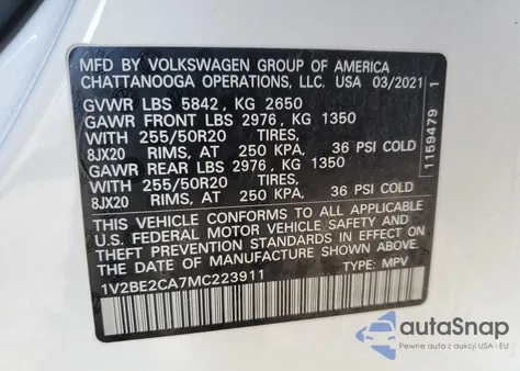 2021 Volkswagen Atlas Cross Sport 3.6L V6 Sel из США, поврежденный, VIN 1V2BE2CA7MC223911